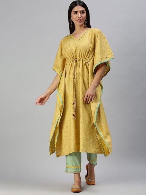 showoff yellow printed kaftan calf length kurta with pants