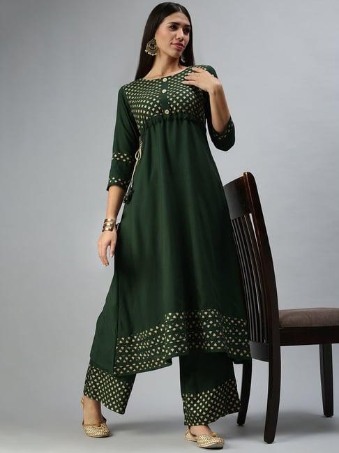 showoff green printed calf length kurta with palazzo