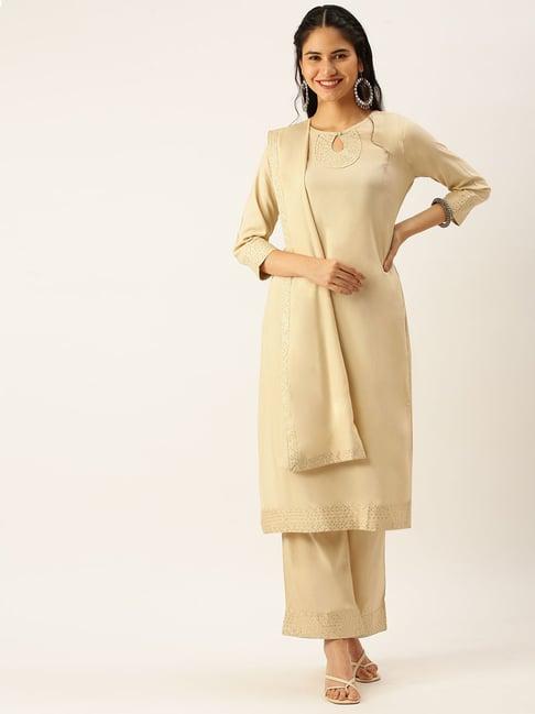 showoff beige straight kurta with palazzo & dupatta