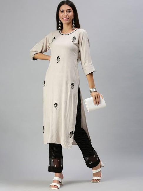 showoff grey striped straight calf length kurta with pants