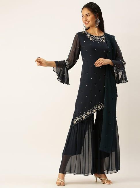 showoff navy embroidered straight kurta with sharara & dupatta