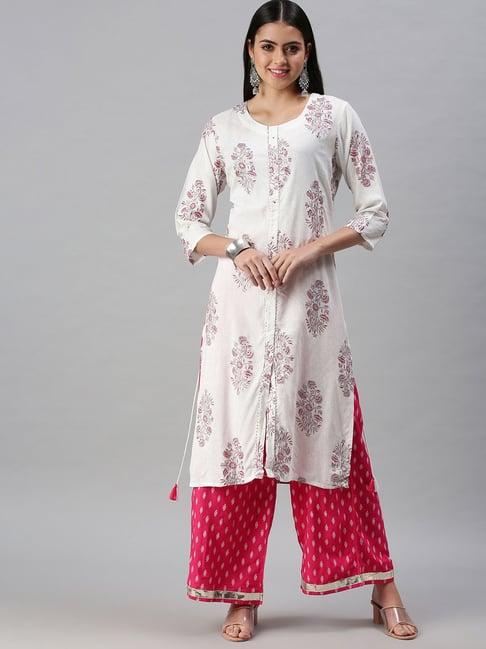 showoff white printed straight calf length kurta with palazzo