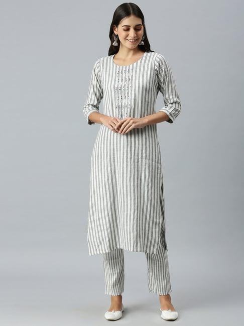 showoff white & grey striped kurta with pants