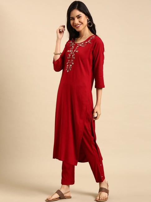 showoff maroon straight calf length kurta with pants