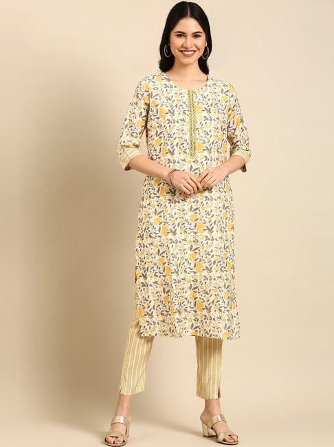 showoff beige printed straight calf length kurta with pants