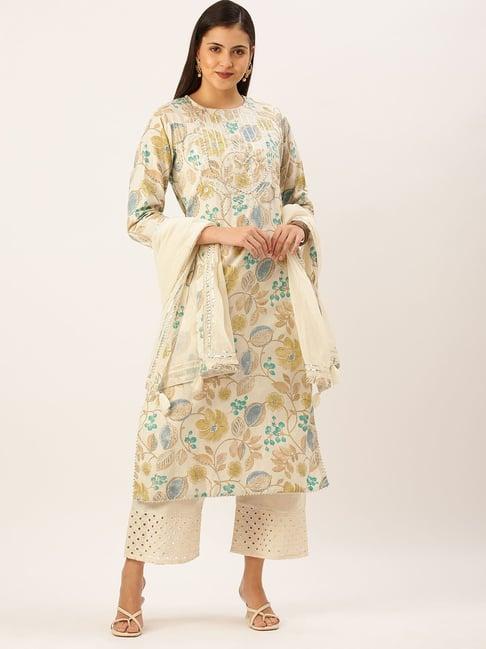 showoff beige floral print straight calf length kurta with palazzo & dupatta