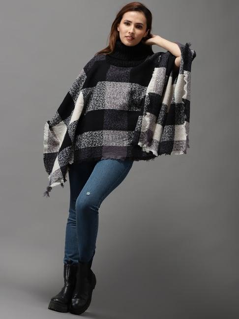 showoff black wool checks poncho