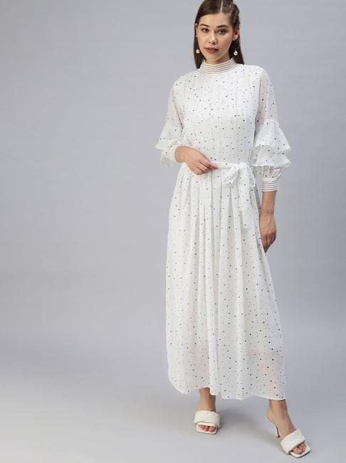 showoff white georgette polka dot fit & flare dress