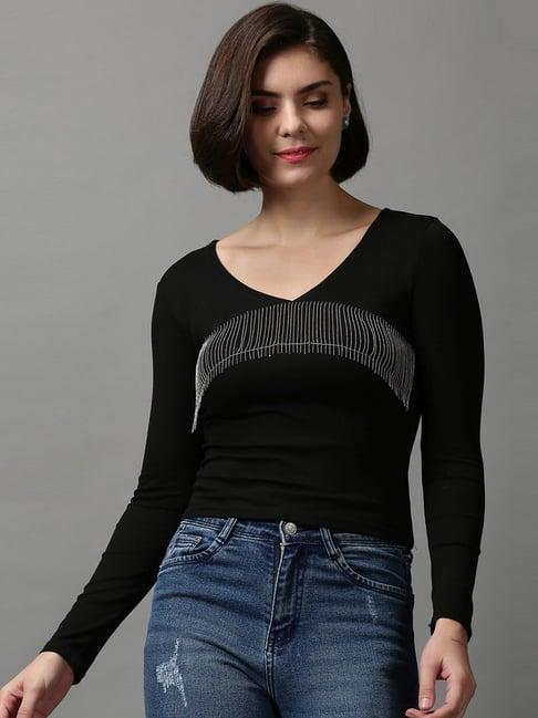 showoff black cotton embellished top