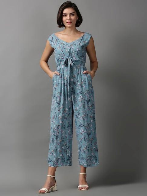 showoff blue cotton printed a-line jumpsuit