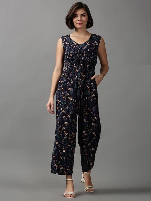 showoff navy cotton printed a-line jumpsuit