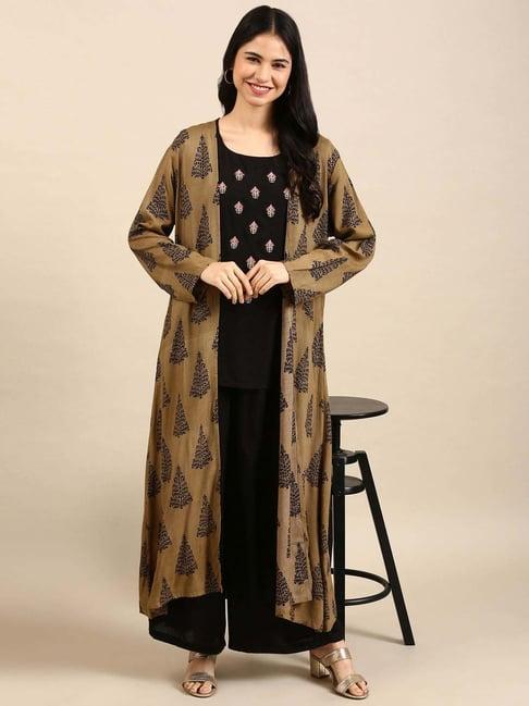 showoff khaki & black embroidered tunic palazzo set with jacket