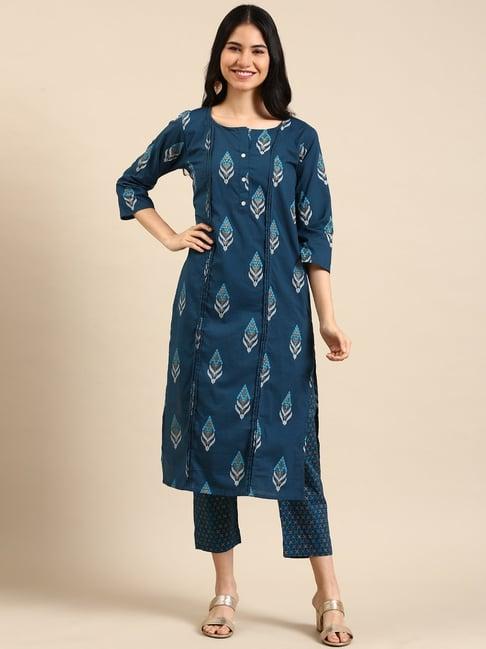 showoff teal blue printed kurta pant set