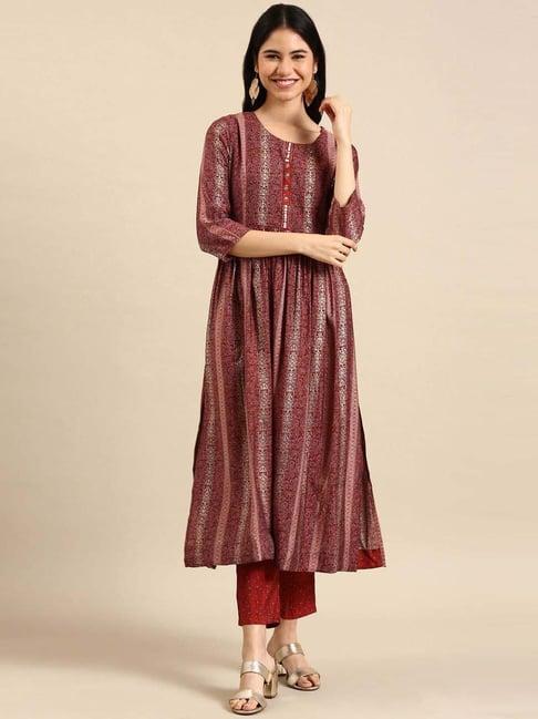 showoff maroon & red printed kurta pant set