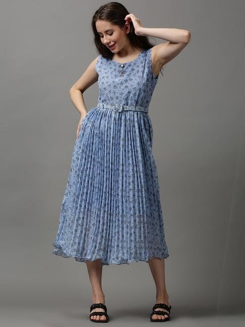 showoff blue printed a-line dress