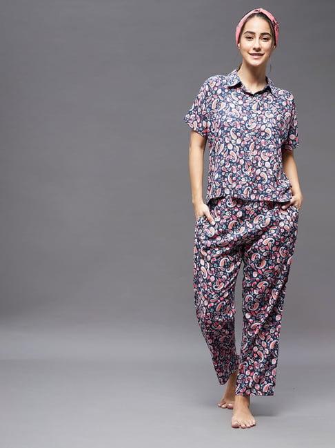 miss chase navy & pink rayon printed shirt with pyjamas