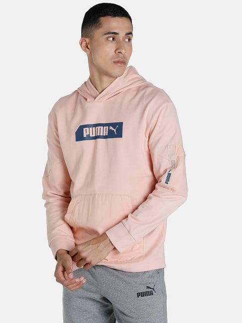 puma pink cotton regular fit logo printed hooded sweatshirts