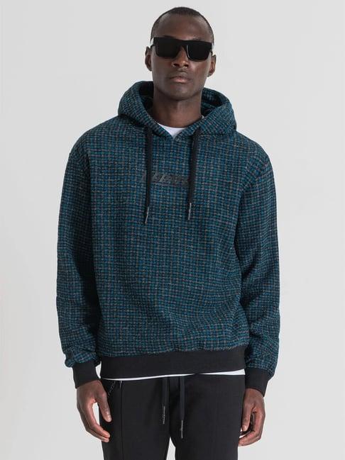 antony morato blue & black checkered hooded sweatshirt