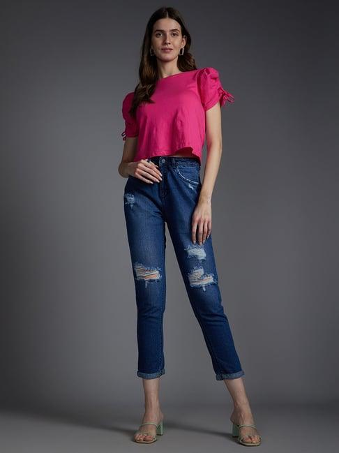 recap dark blue relaxed fit high rise jeans