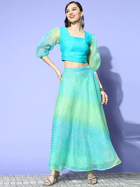 yufta blue striped crop top skirt set