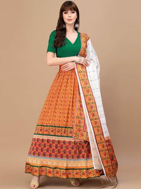 satrani orange printed lehenga choli set with dupatta