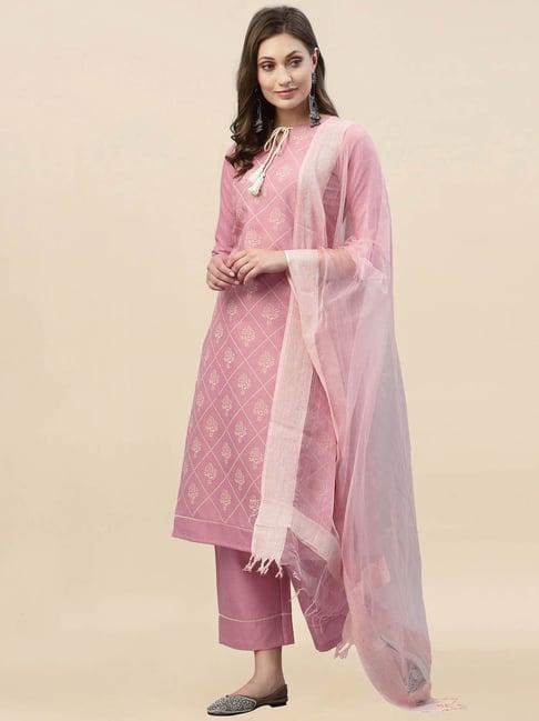 satrani baby pink printed kurta pant set with dupatta