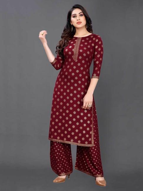 satrani maroon printed kurta palazzo set