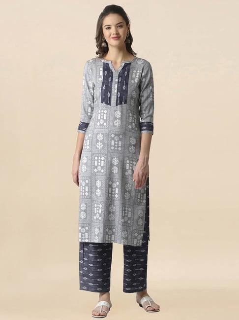 satrani grey printed kurta pant set