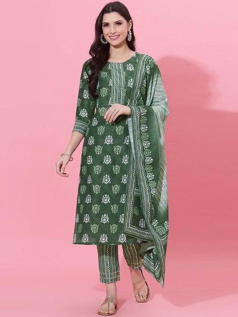 satrani green printed kurta pant set with dupatta