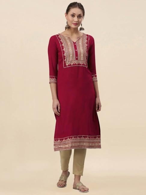 satrani maroon printed straight kurta