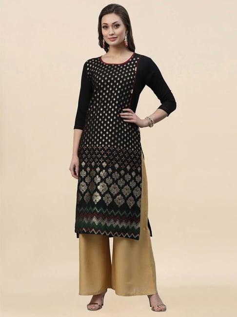 satrani black floral print straight kurta