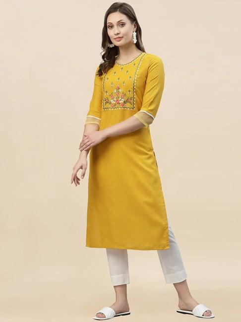 satrani yellow embroidered straight kurta