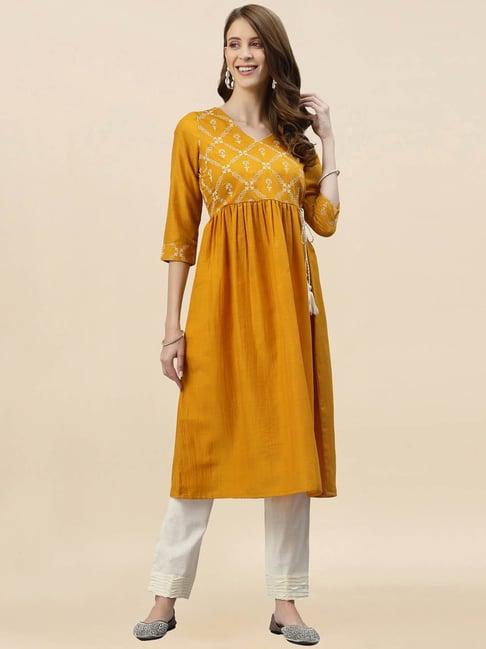 satrani mustard chequered fit & flare kurta