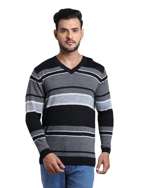 colorplus grey & black cotton tailored fit striped sweater