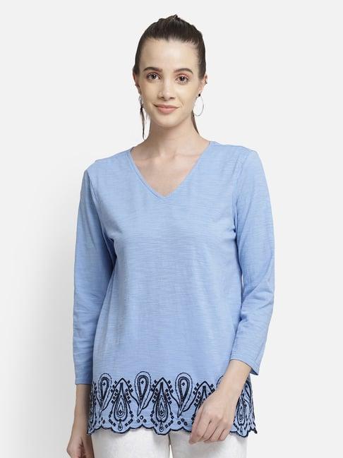 aditi wasan blue cotton embroidered top