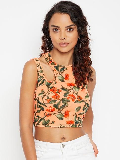 uptownie lite orange & green floral print stretchable cut-out crop top