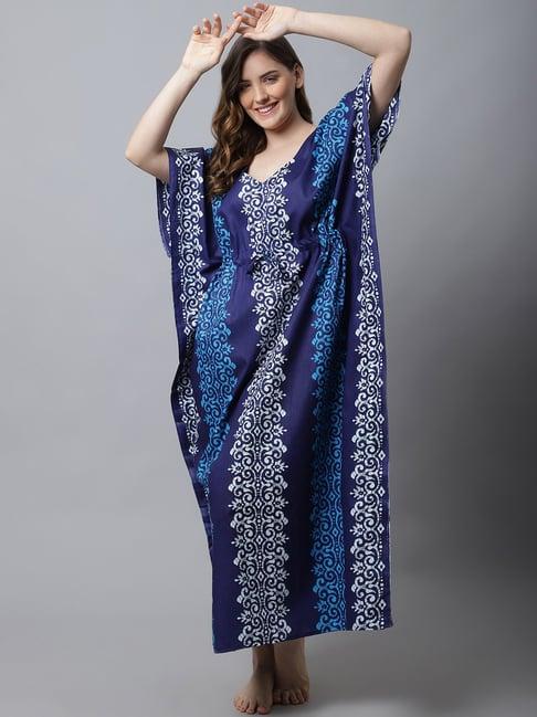 secret wish blue printed kaftan nighty