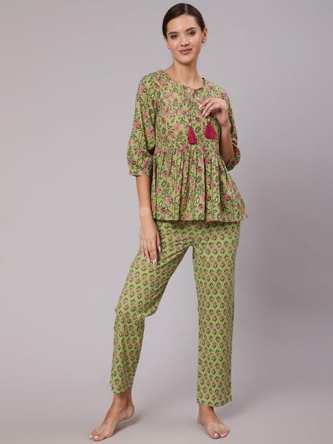 jaipur kurti green cotton printed tunic and pyjama set