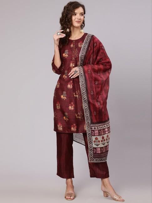 jaipur kurti maroon printed kurti pant with dupatta