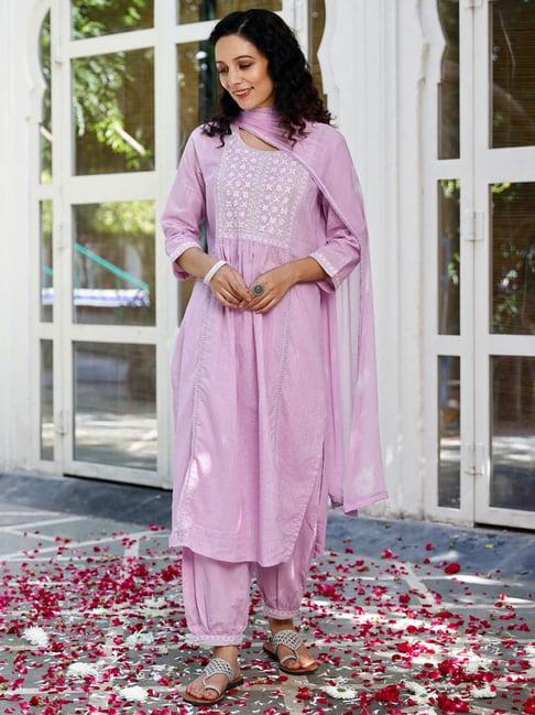 pheeta purple cotton embroidered kurta pant set with dupatta