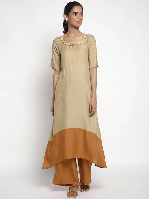 aurelia beige & brown embroidered kurta palazzo set