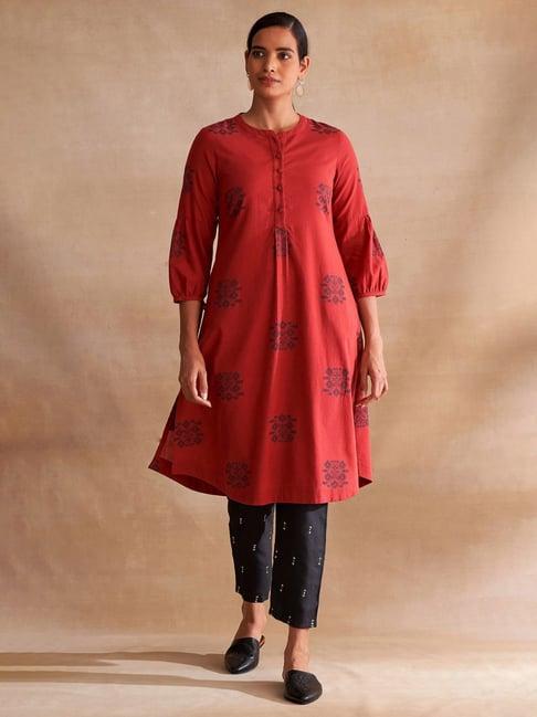 folksong by w red cotton printed straight kurta