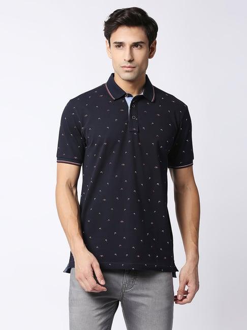 dragon hill navy blue slim fit printed polo t-shirt