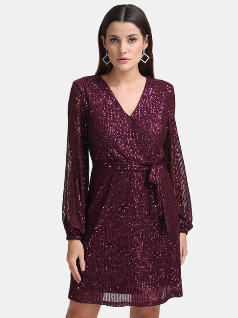 kazo plum embellished wrap dress