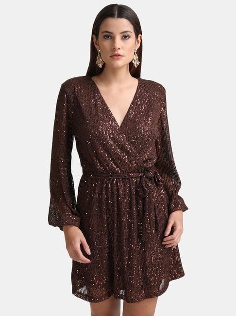 kazo brown embellished wrap dress