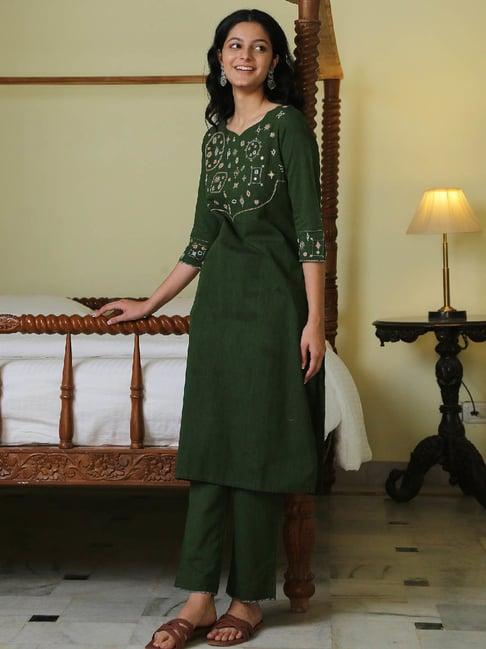 okhai eucalyptus garden green pure cotton hand embroidered kurta pant set