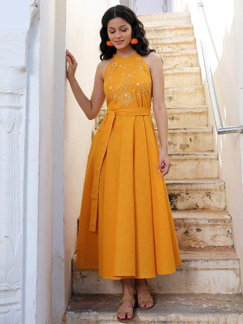 okhai star lily yellow pure cotton hand embroidered maxi dress