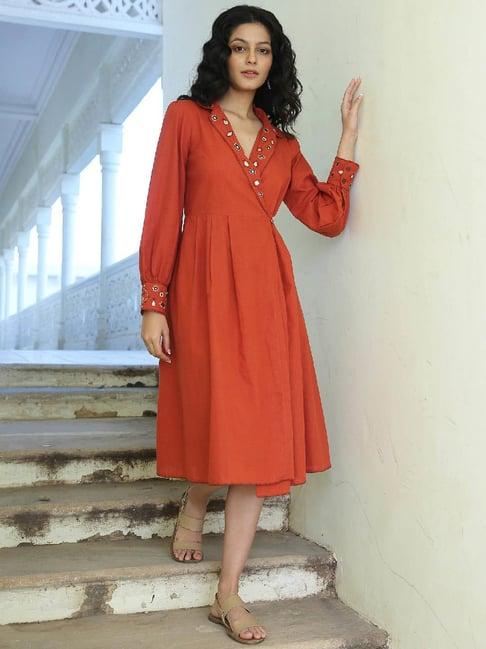 okhai soft breeze orange pure cotton hand embroidered a-line dress