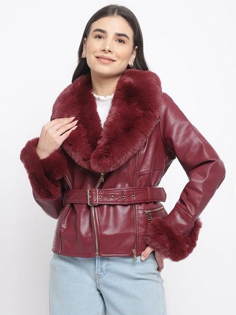 latin quarters maroon regular fit jacket with fur