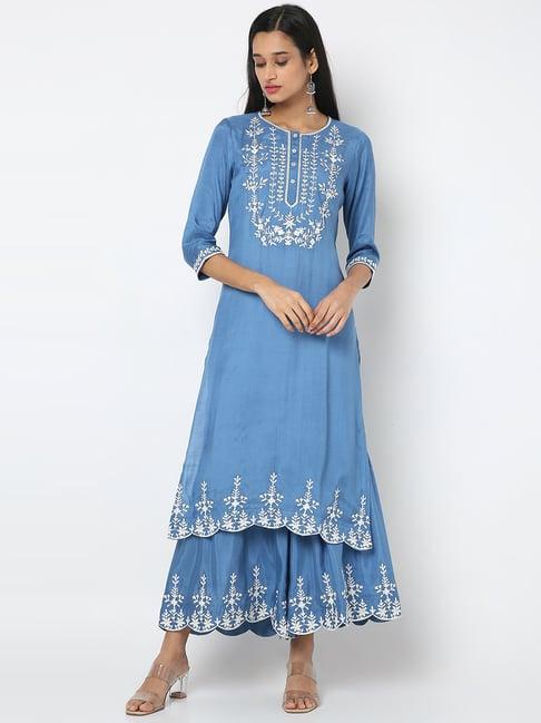 ethnicity blue embroidered kurta sharara set